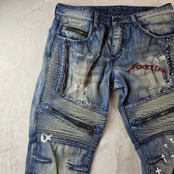 Rockstar Jeans Men's 34 Blue Distressed Denim Graphic Painted Art Graffiti - Picture 5 of 14